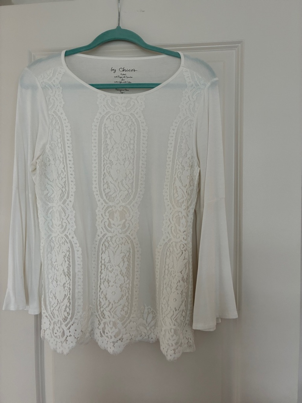 Chico's Ivory Lace-Panel Long Sleeve Tee